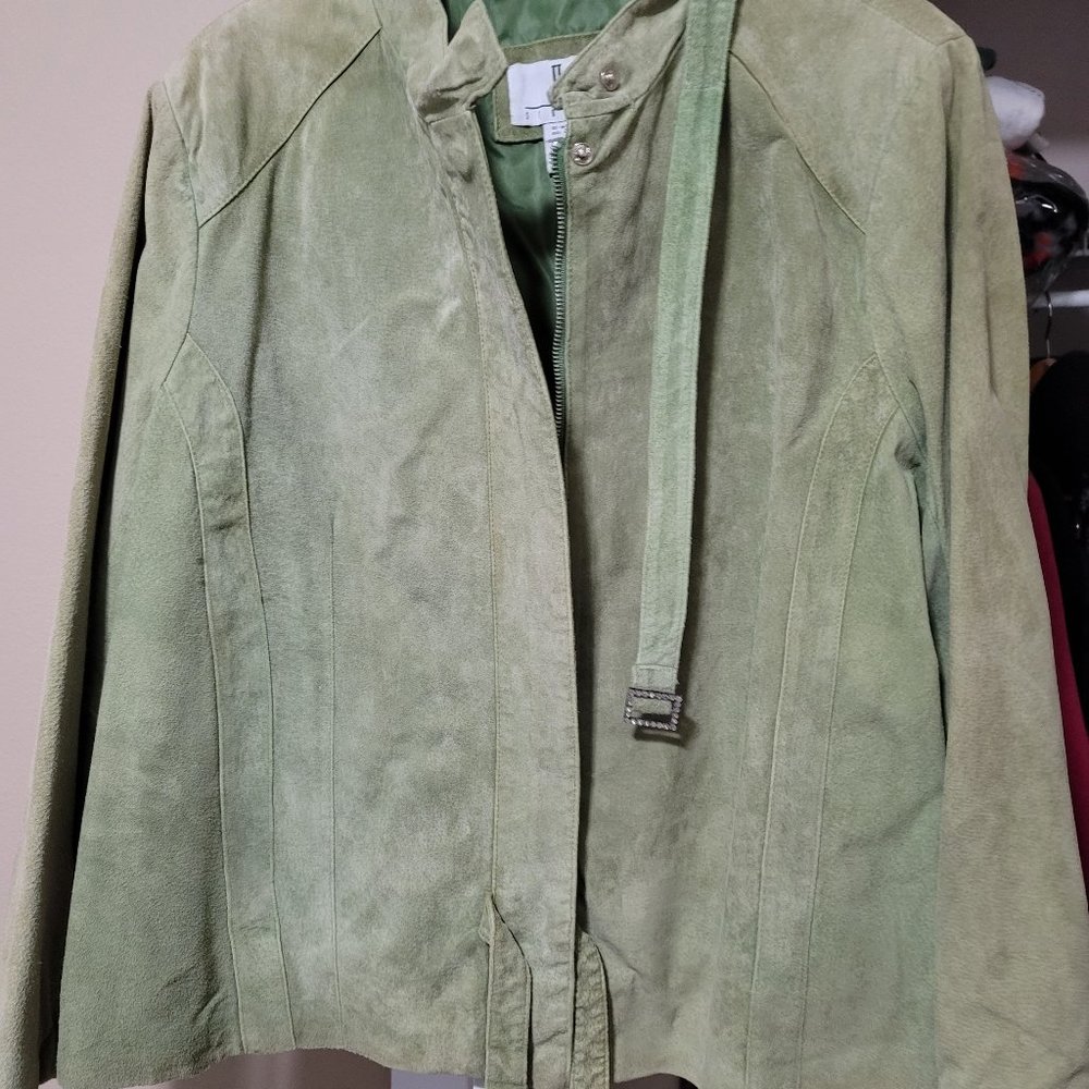 Suede feel distressed jacket with belt on waist, zipper front